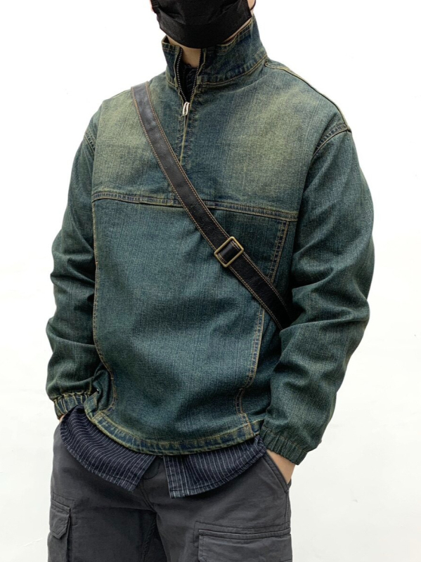 Jachetă de denim pentru bărbați, lavată și uzată, stil retro japonez, îmbrăcăminte de lucru pentru tineri, guler înalt, croială lejeră, fermoar frontal