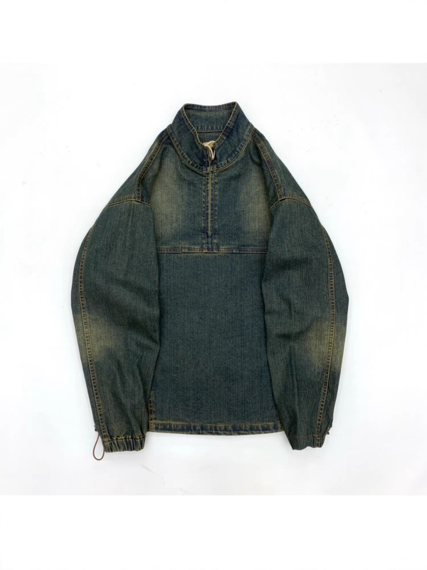 Jachetă de denim pentru bărbați, lavată și uzată, stil retro japonez, îmbrăcăminte de lucru pentru tineri, guler înalt, croială lejeră, fermoar frontal