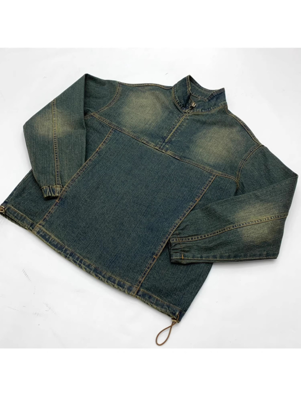 Jachetă de denim pentru bărbați, lavată și uzată, stil retro japonez, îmbrăcăminte de lucru pentru tineri, guler înalt, croială lejeră, fermoar frontal