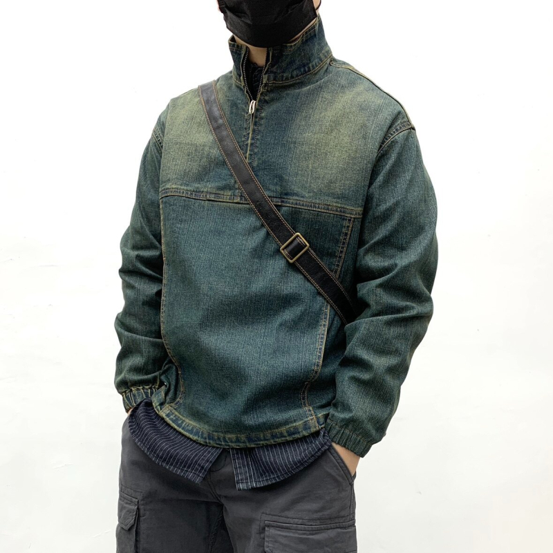 Jachetă de denim pentru bărbați, lavată și uzată, stil retro japonez, îmbrăcăminte de lucru pentru tineri, guler înalt, croială lejeră, fermoar frontal