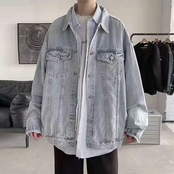 Jachetă denim oversized pentru bărbați, stil workwear, toamnă 2024, croială lejeră, street style