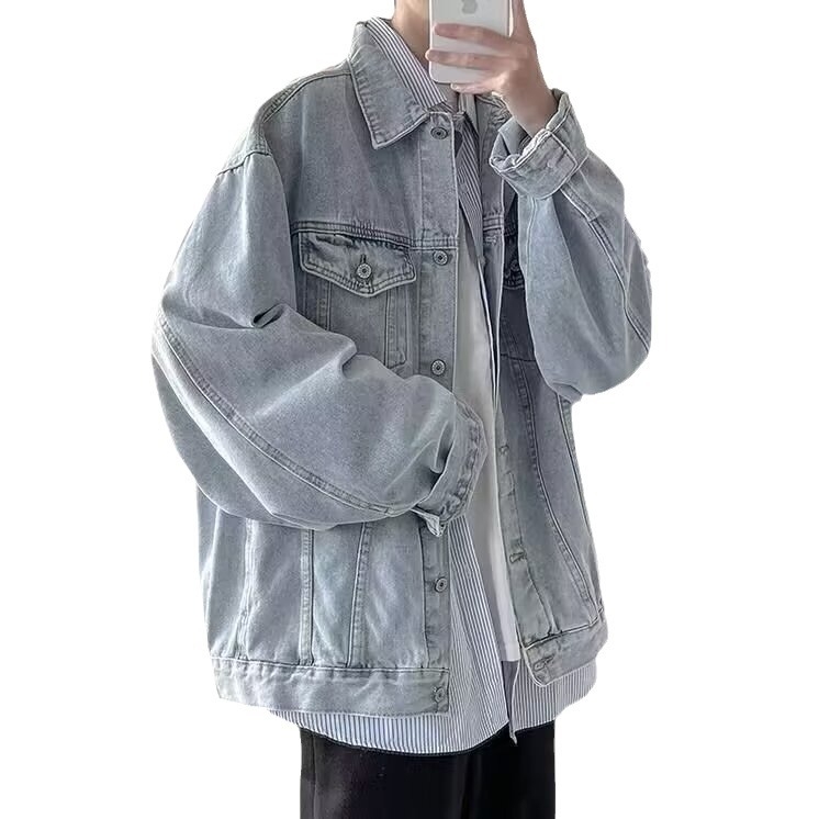 Jachetă denim oversized pentru bărbați, stil workwear, toamnă 2024, croială lejeră, street style