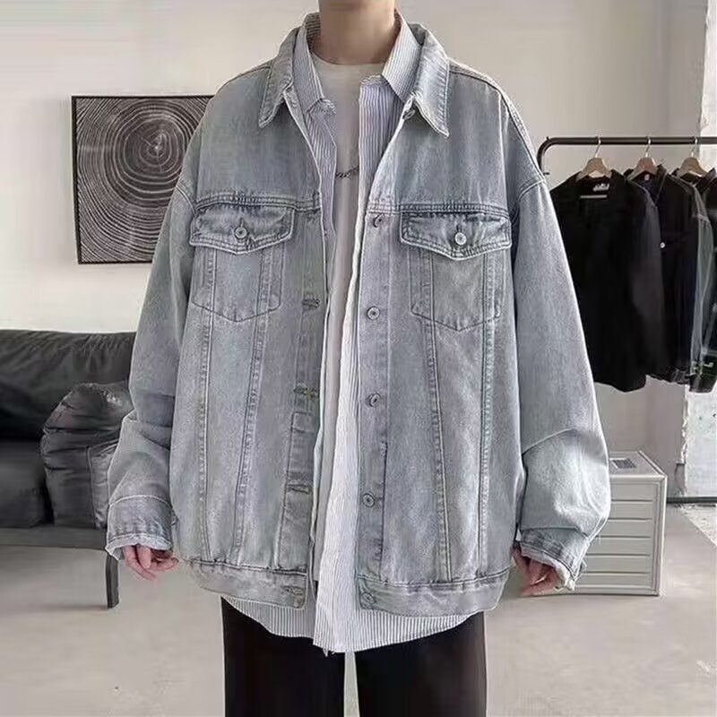 Jachetă denim oversized pentru bărbați, stil workwear, toamnă 2024, croială lejeră, street style
