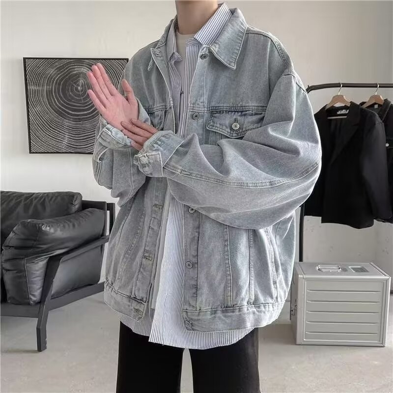 Jachetă denim oversized pentru bărbați, stil workwear, toamnă 2024, croială lejeră, street style