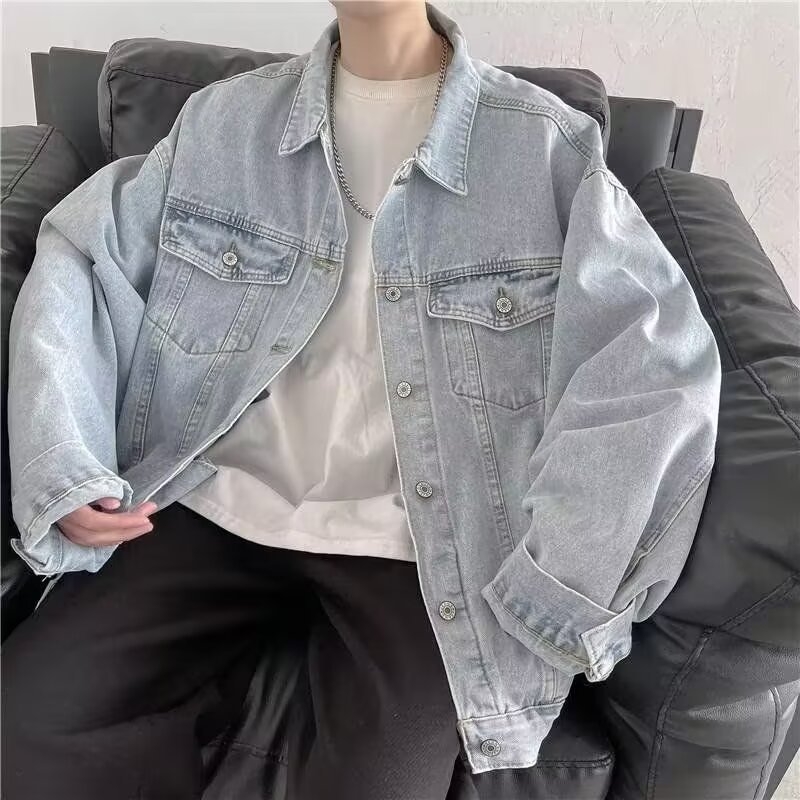 Jachetă denim oversized pentru bărbați, stil workwear, toamnă 2024, croială lejeră, street style