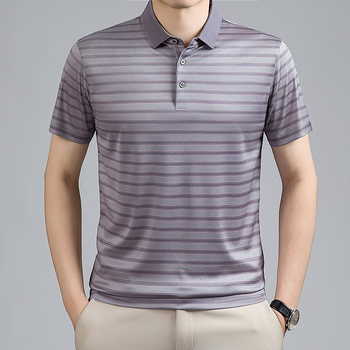 Polo bărbătesc din mătase de dud, mâneci scurte, în dungi, vară, business casual