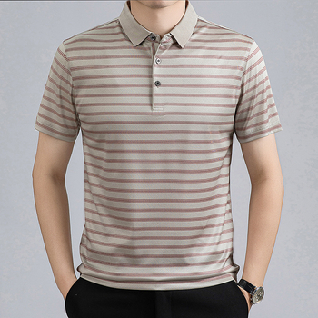 Polo bărbătesc din mătase de dud, mâneci scurte, în dungi, vară, business casual