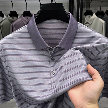 Polo bărbătesc din mătase de dud, mâneci scurte, în dungi, vară, business casual