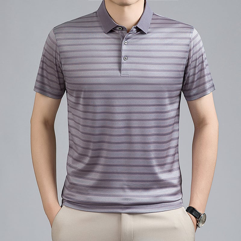Polo bărbătesc din mătase de dud, mâneci scurte, în dungi, vară, business casual