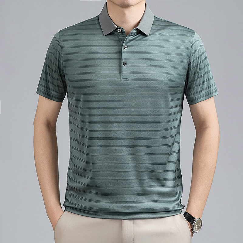 Polo bărbătesc din mătase de dud, mâneci scurte, în dungi, vară, business casual