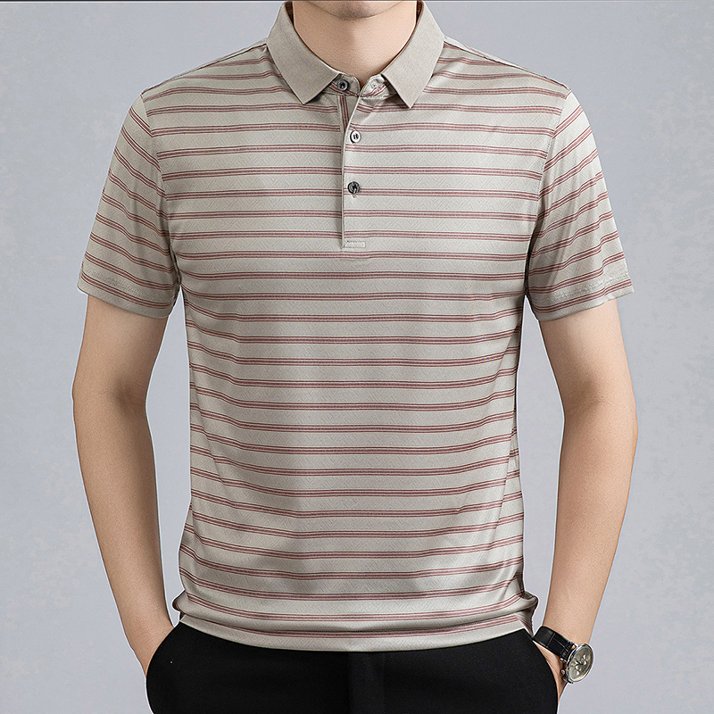 Polo bărbătesc din mătase de dud, mâneci scurte, în dungi, vară, business casual