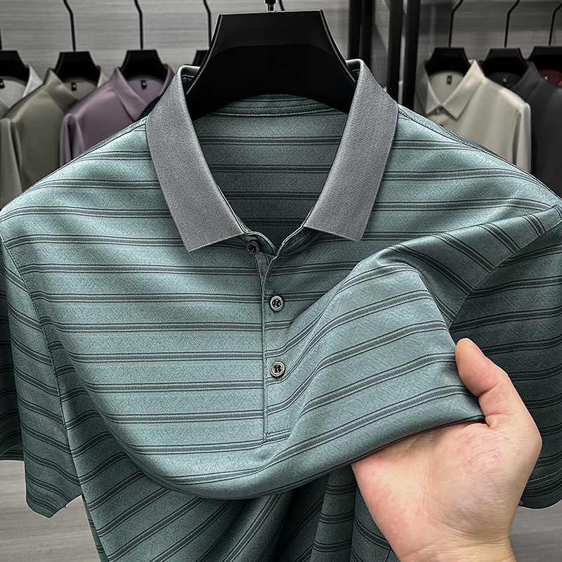 Polo bărbătesc din mătase de dud, mâneci scurte, în dungi, vară, business casual