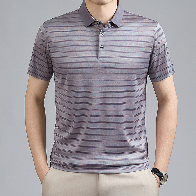 Polo bărbătesc din mătase de dud, mâneci scurte, în dungi, vară, business casual
