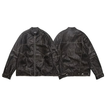 Jachetă din PU piele pentru bărbați, stil vintage, lungime scurtă, închidere cu fermoar, guler rever, fără glugă, căptușeală poliester, detalii cu broderie patch.