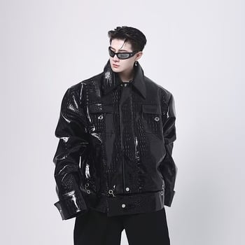Geacă din piele PU cu model crocodil pe umeri, croială scurtă, stil casual de toamnă