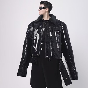 Geacă din piele PU cu model crocodil pe umeri, croială scurtă, stil casual de toamnă