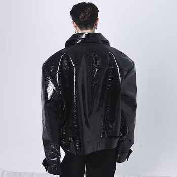 Geacă din piele PU cu model crocodil pe umeri, croială scurtă, stil casual de toamnă