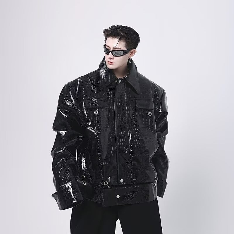 Geacă din piele PU cu model crocodil pe umeri, croială scurtă, stil casual de toamnă