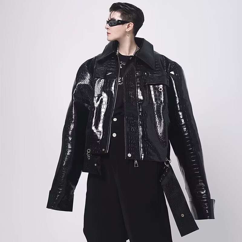 Geacă din piele PU cu model crocodil pe umeri, croială scurtă, stil casual de toamnă