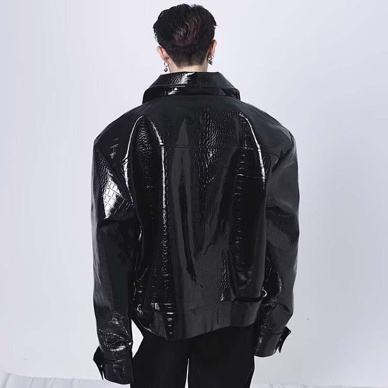 Geacă din piele PU cu model crocodil pe umeri, croială scurtă, stil casual de toamnă