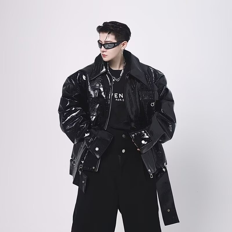Geacă din piele PU cu model crocodil pe umeri, croială scurtă, stil casual de toamnă