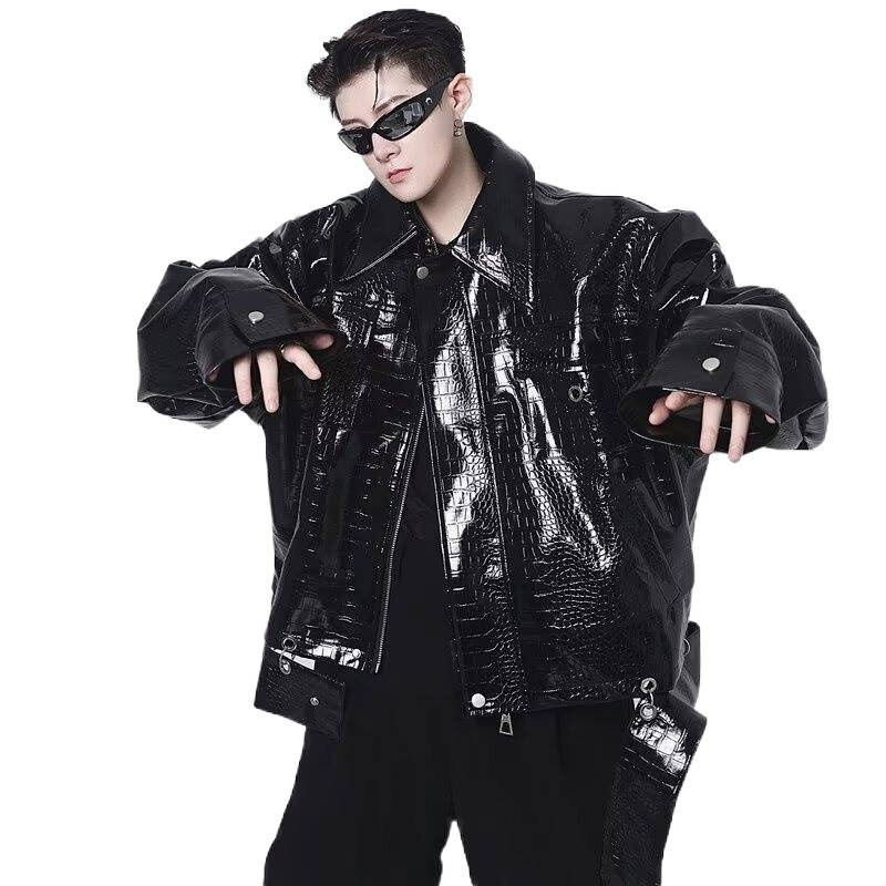 Geacă din piele PU cu model crocodil pe umeri, croială scurtă, stil casual de toamnă