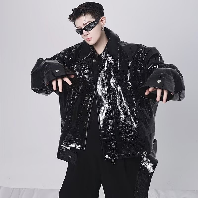 Geacă din piele PU cu model crocodil pe umeri, croială scurtă, stil casual de toamnă