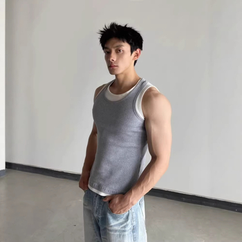 Vesta de fitness pentru bărbați fără mâneci, blocuri de culoare, două nuanțe, poliester, vară