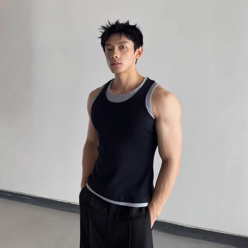 Vesta de fitness pentru bărbați fără mâneci, blocuri de culoare, două nuanțe, poliester, vară