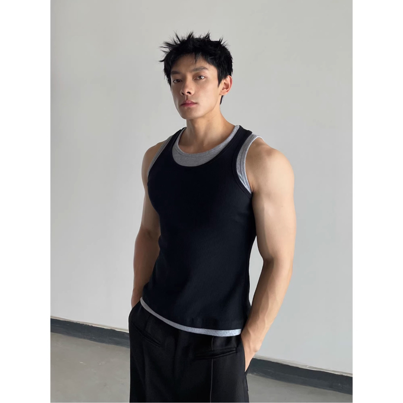 Vesta de fitness pentru bărbați fără mâneci, blocuri de culoare, două nuanțe, poliester, vară