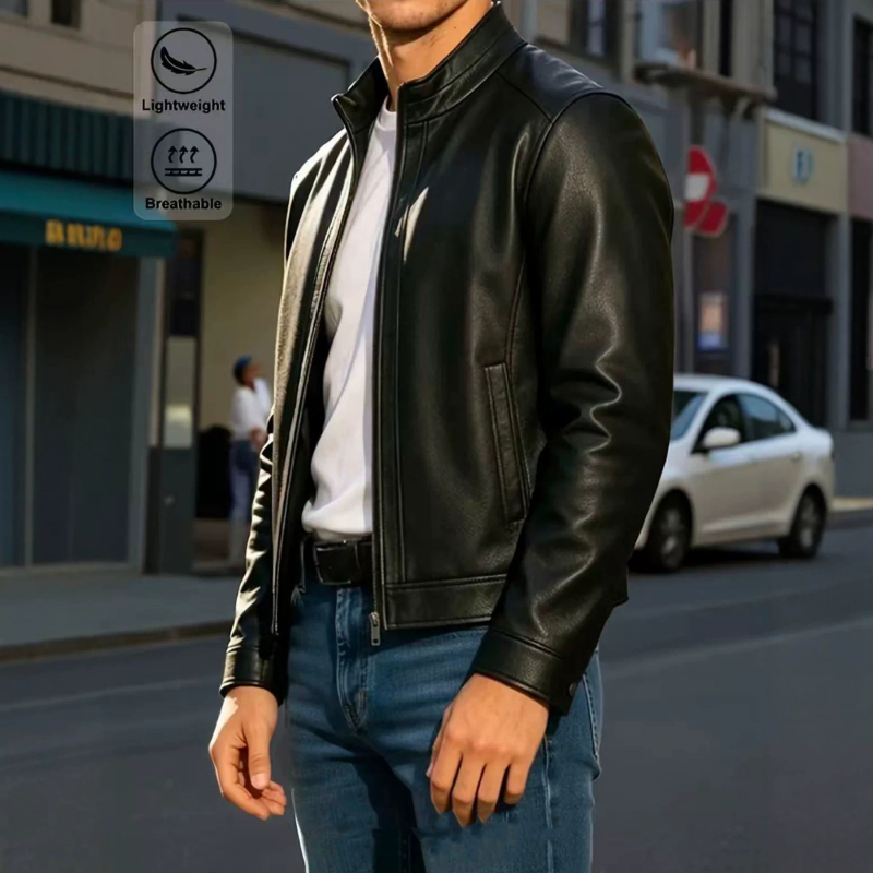Geacă din PU pentru bărbați, stil motocicletă, guler înalt, croială Slim, la modă