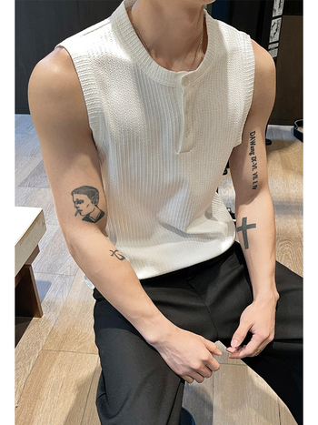 Tricou Henley american retro fără mâneci, croială mulată, vara 2026, trei nasturi, strat de bază sportiv