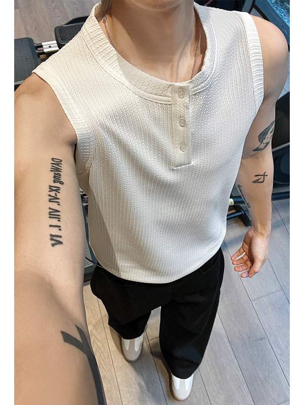 Tricou Henley american retro fără mâneci, croială mulată, vara 2026, trei nasturi, strat de bază sportiv