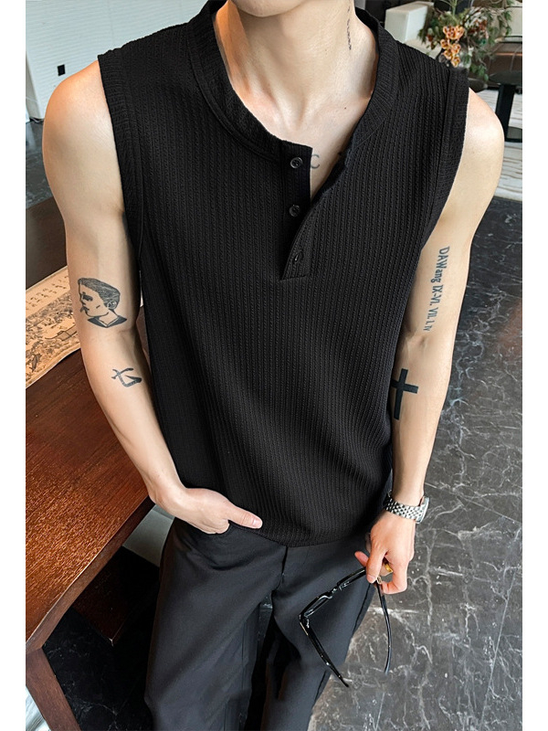 Tricou Henley american retro fără mâneci, croială mulată, vara 2026, trei nasturi, strat de bază sportiv