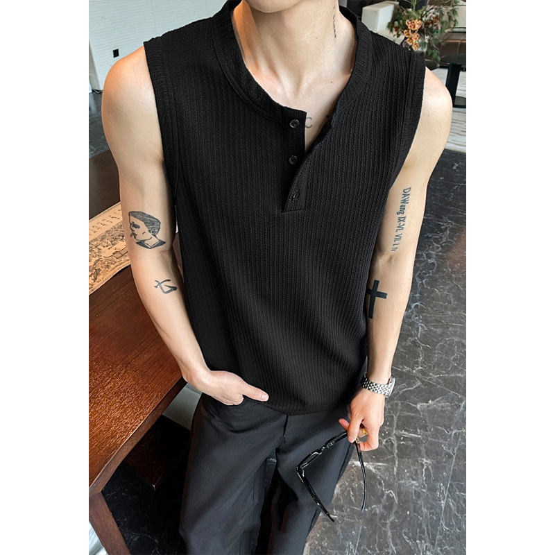 Tricou Henley american retro fără mâneci, croială mulată, vara 2026, trei nasturi, strat de bază sportiv