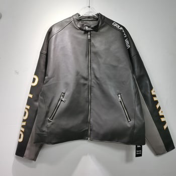Jachetă VAVA din PU cu broderie, panouri color-block, guler înalt, stil racing