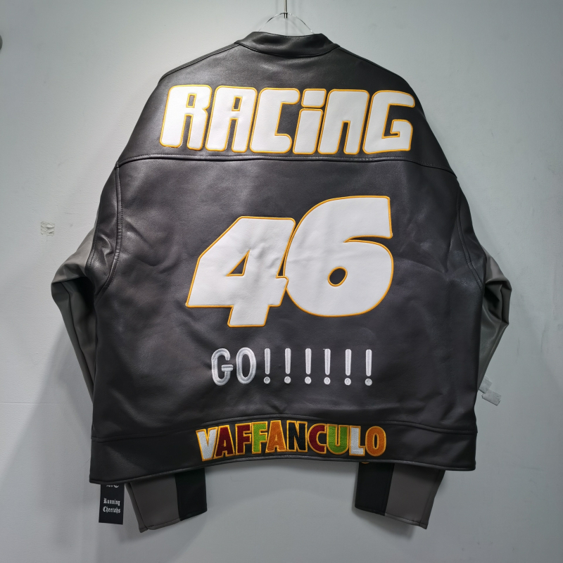 Jachetă VAVA din PU cu broderie, panouri color-block, guler înalt, stil racing
