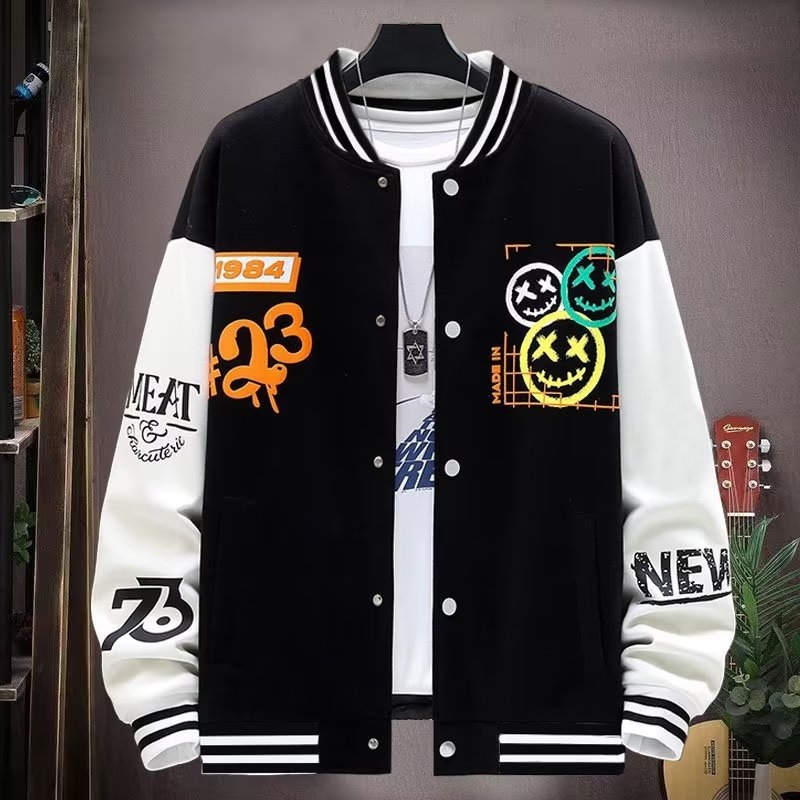 Jachetă baseball pentru bărbați, primăvară–toamnă 2025, croială lejeră, patchwork color-block, stil coreean, casual cu nasturi