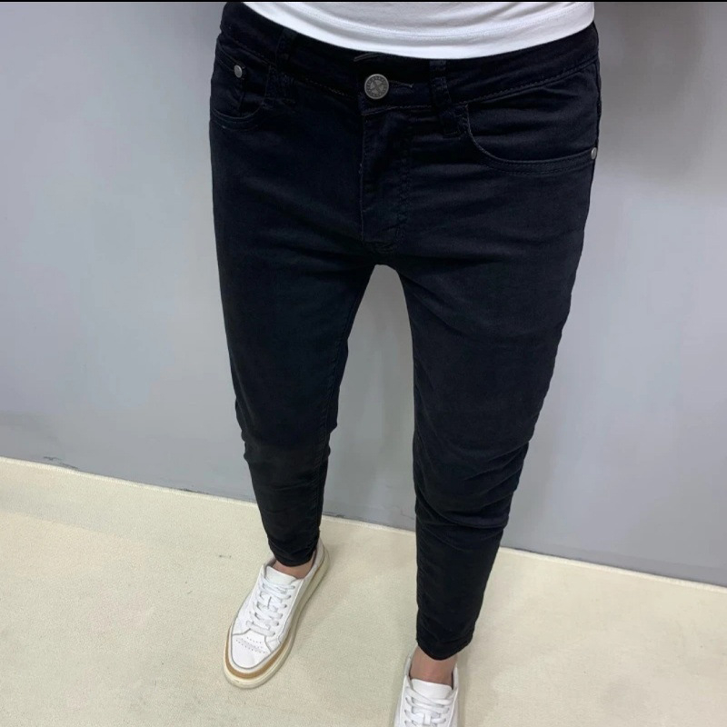 Blugi negri pentru bărbați din denim, croială Slim, lungime până la gleznă, casual, la modă.