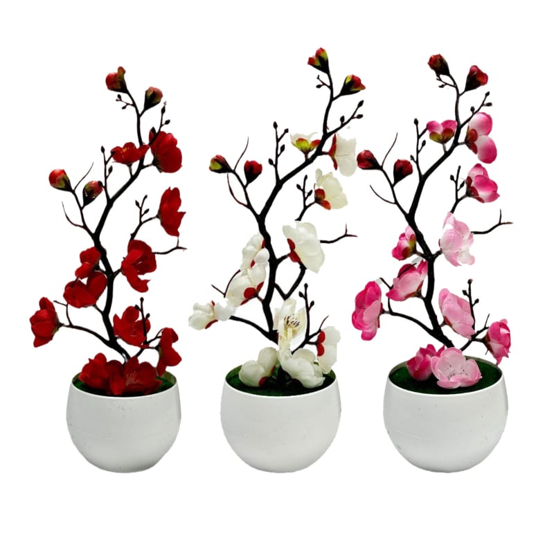 Bonsai artificial în vază cu flori de prun pentru decor în casă