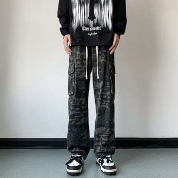Jeanși din denim în stil american, camuflaj, croială lejeră dreaptă, mărime mare, pantaloni sport largi, casual modern