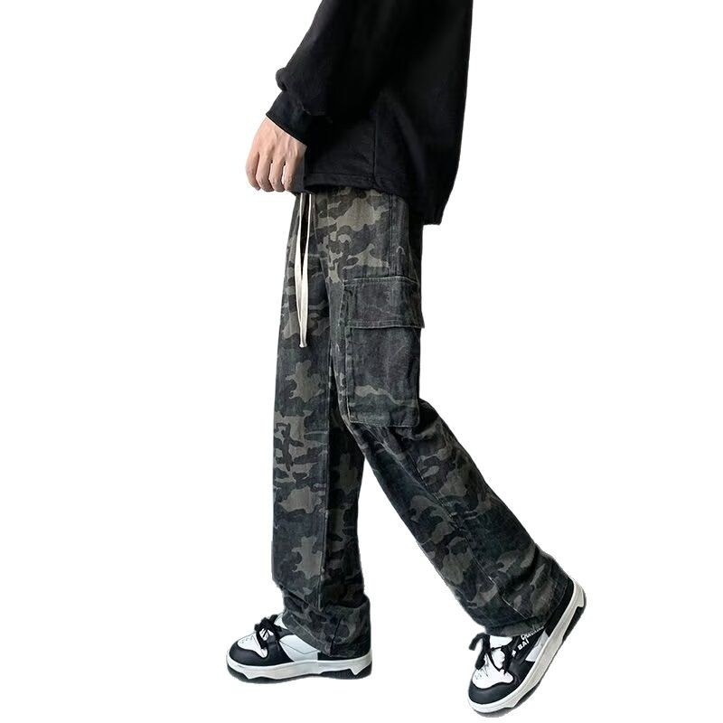Jeanși din denim în stil american, camuflaj, croială lejeră dreaptă, mărime mare, pantaloni sport largi, casual modern