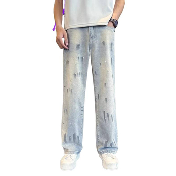 Jeansi din denim pentru bărbați, stil street american, croi drept, lejer, vară 2026, spălare retro
