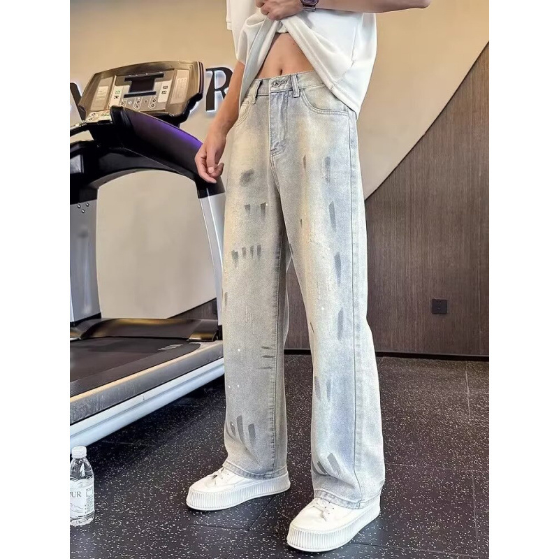 Jeansi din denim pentru bărbați, stil street american, croi drept, lejer, vară 2026, spălare retro