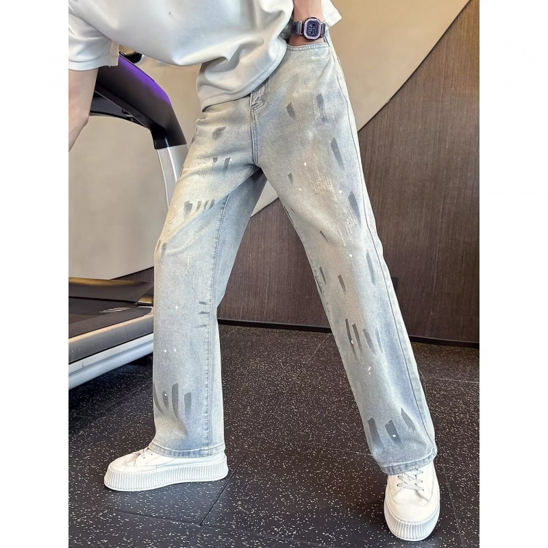 Jeansi din denim pentru bărbați, stil street american, croi drept, lejer, vară 2026, spălare retro