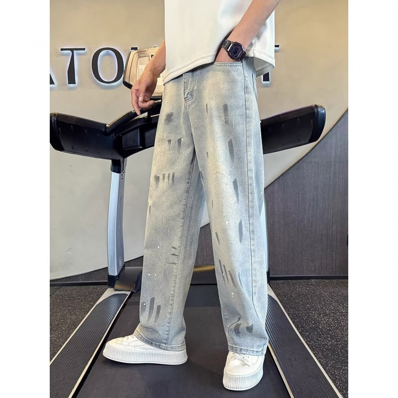 Jeansi din denim pentru bărbați, stil street american, croi drept, lejer, vară 2026, spălare retro