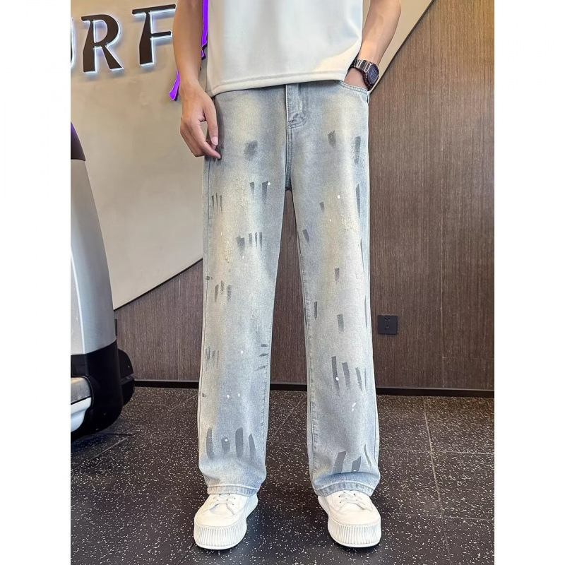 Jeansi din denim pentru bărbați, stil street american, croi drept, lejer, vară 2026, spălare retro