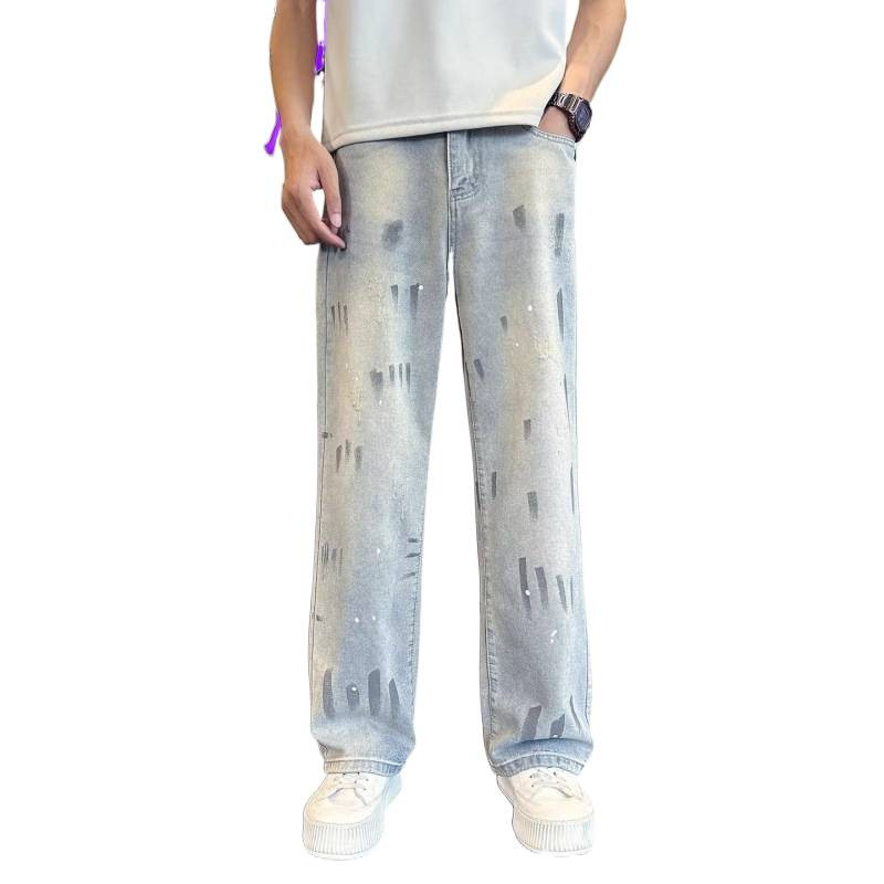 Jeansi din denim pentru bărbați, stil street american, croi drept, lejer, vară 2026, spălare retro