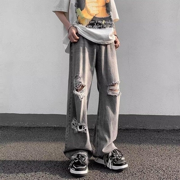 Blugi denim bărbați cu croială largă, spălare negru-gri vintage, rupte, stil stradal hip-hop, cu numeroase buzunare
