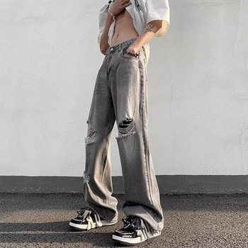 Blugi denim bărbați cu croială largă, spălare negru-gri vintage, rupte, stil stradal hip-hop, cu numeroase buzunare